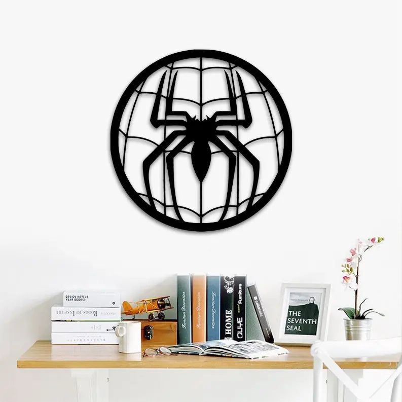 Black spider wall art in geometric web design, perfect for modern decor in living rooms or offices.
