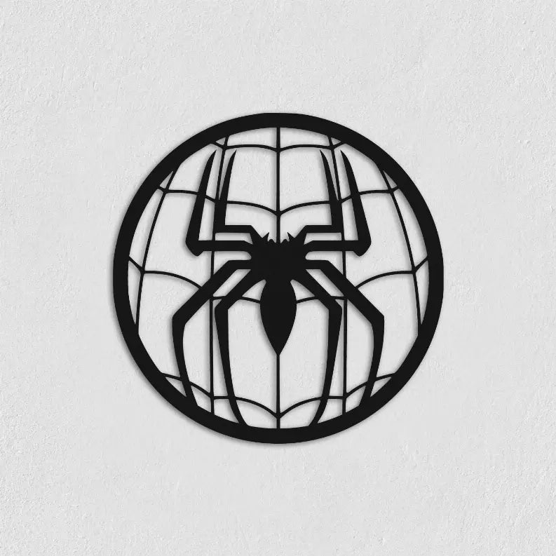 Black metal Spider-Man logo wall art, featuring a sleek round design with intricate web details.