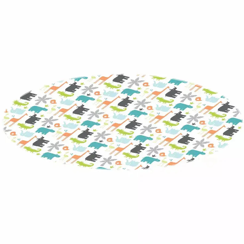 Colorful oval area rug featuring playful animal designs in gray, green, orange, and blue on a white background.
