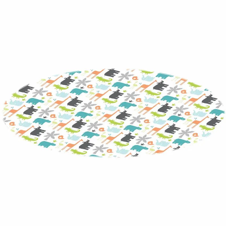 Colorful dinosaur print oval rug, featuring shades of green, blue, gray, and orange on a white background.
