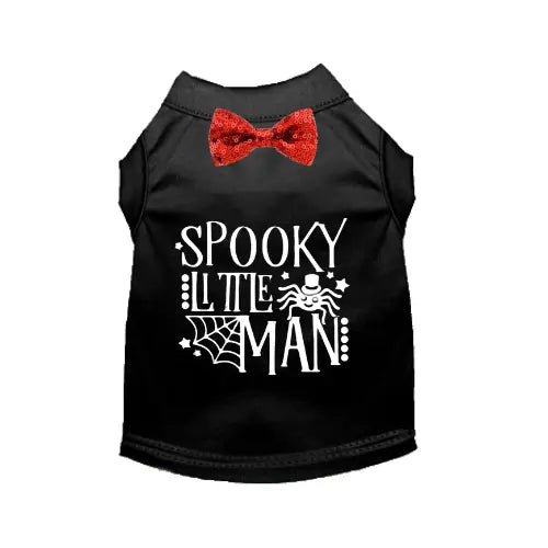 Black pet shirt with red sequined bow tie and "Spooky Little Man" graphic, perfect for Halloween.