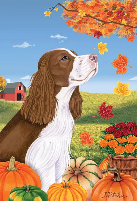 Springer Spaniel L/W- Tomoyo Pitcher Autumn Leaves Outdoor Flag Best of Breed