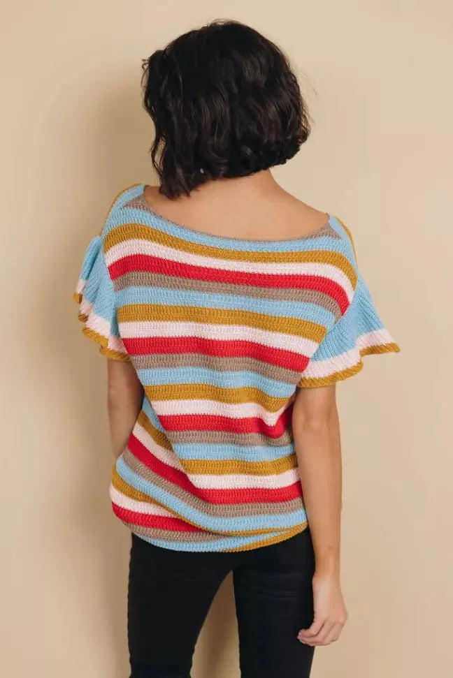 Storyline Striped Ruffle Sleeve Top Stay Warm in Style
