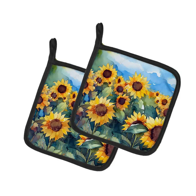 Sunflowers in Watercolor Pair of Pot Holders Caroline's Treasures