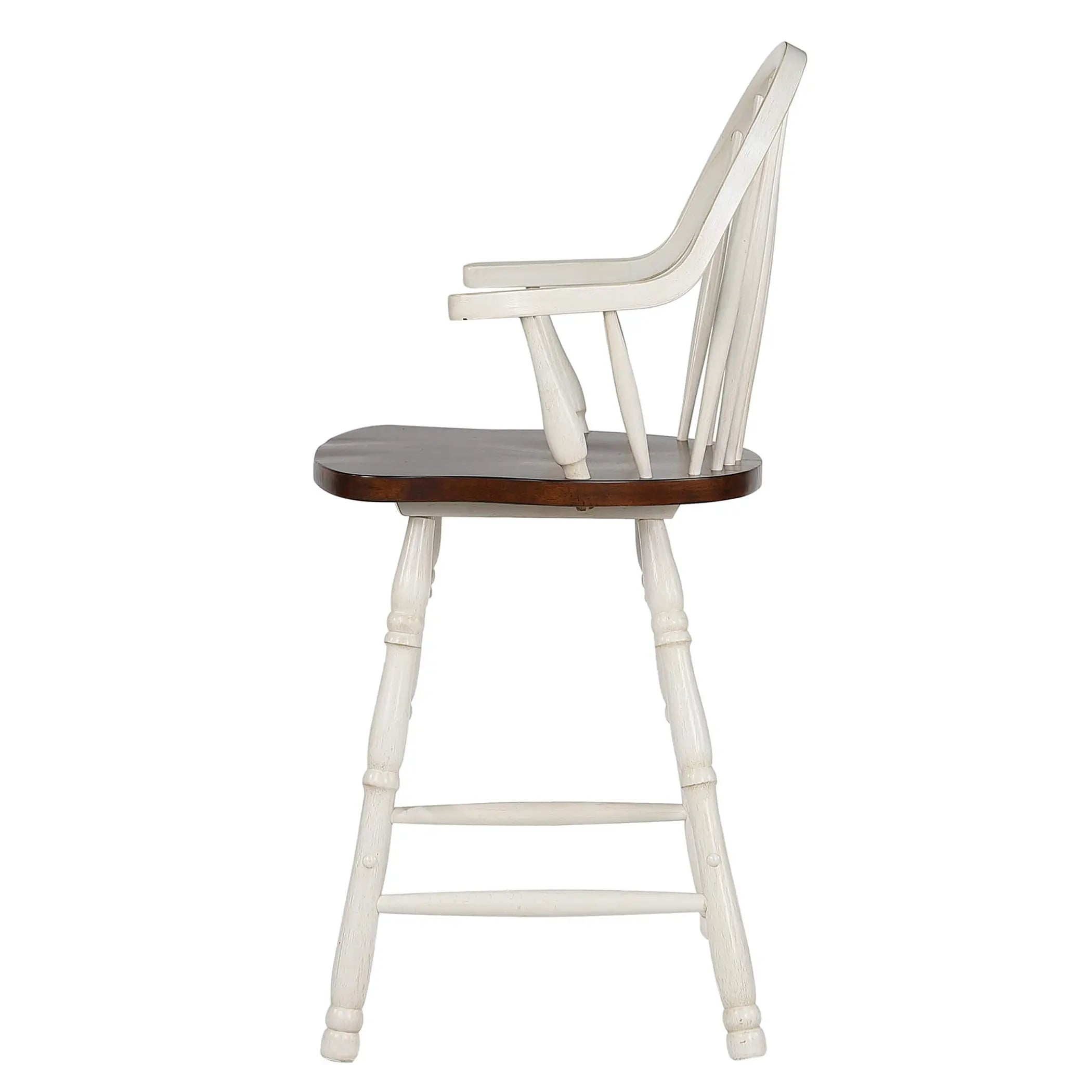 Sunset Trading Andrews 24" Windsor Barstool with Arms | Counter Height Stool | Antique White and Chestnut Brown | Set of 2 Sunset Trading