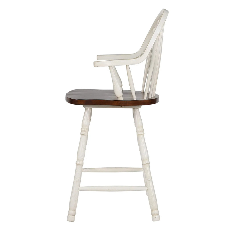 Sunset Trading Andrews 24" Windsor Barstool with Arms | Counter Height Stool | Antique White and Chestnut Brown | Set of 2 Sunset Trading