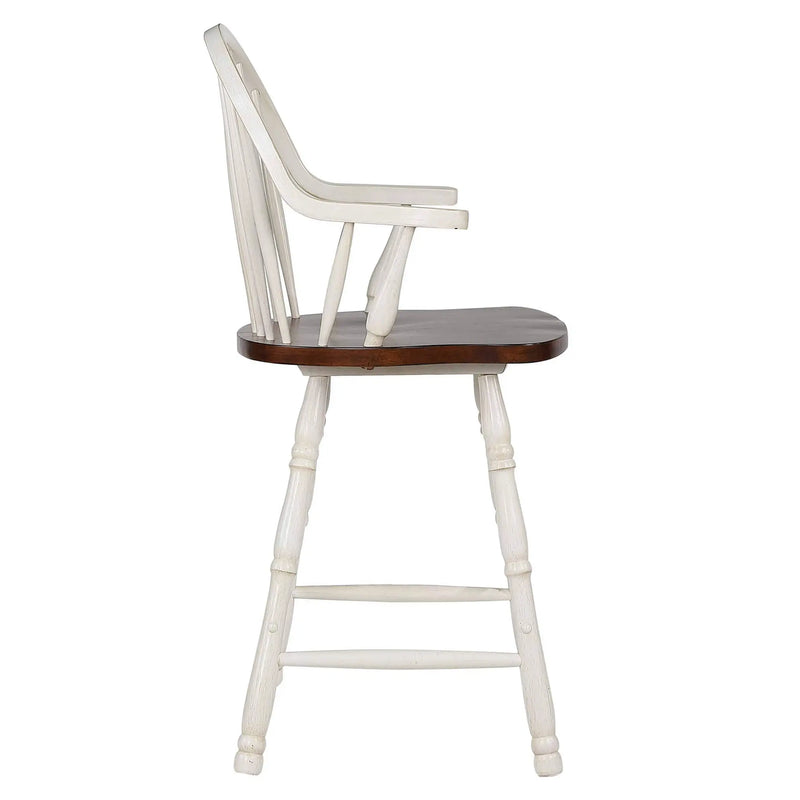 Sunset Trading Andrews 24" Windsor Barstool with Arms | Counter Height Stool | Antique White and Chestnut Brown | Set of 2 Sunset Trading