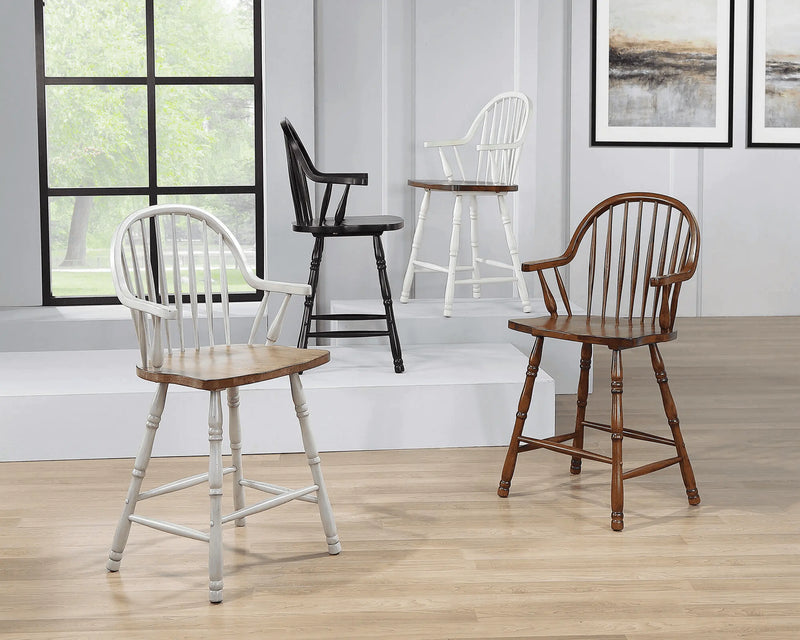 Sunset Trading Andrews 24" Windsor Barstool with Arms | Counter Height Stool | Antique White and Chestnut Brown | Set of 2 Sunset Trading