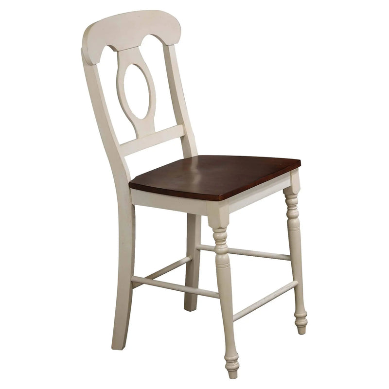 Cream wooden chair with dark brown seat, featuring a classic design and oval backrest, perfect for rustic decor.