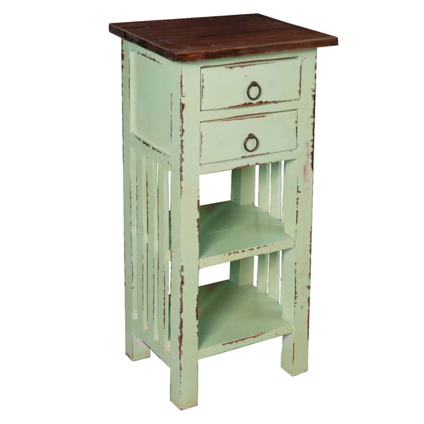 Sunset Trading Cottage End Table with Drawers and Shelves | Bahama Blue/Raftwood Brown Solid Wood | Fully Assembled Narrow Display Shelves Sunset Trading