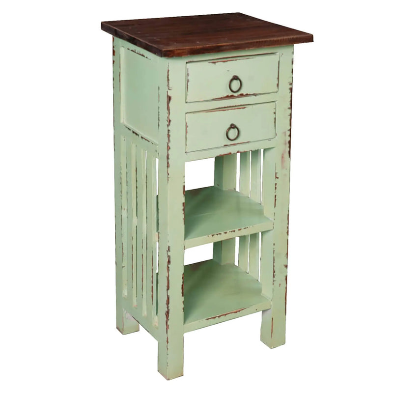 Sunset Trading Cottage End Table with Drawers and Shelves | Bahama Blue/Raftwood Brown Solid Wood | Fully Assembled Narrow Display Shelves Sunset Trading