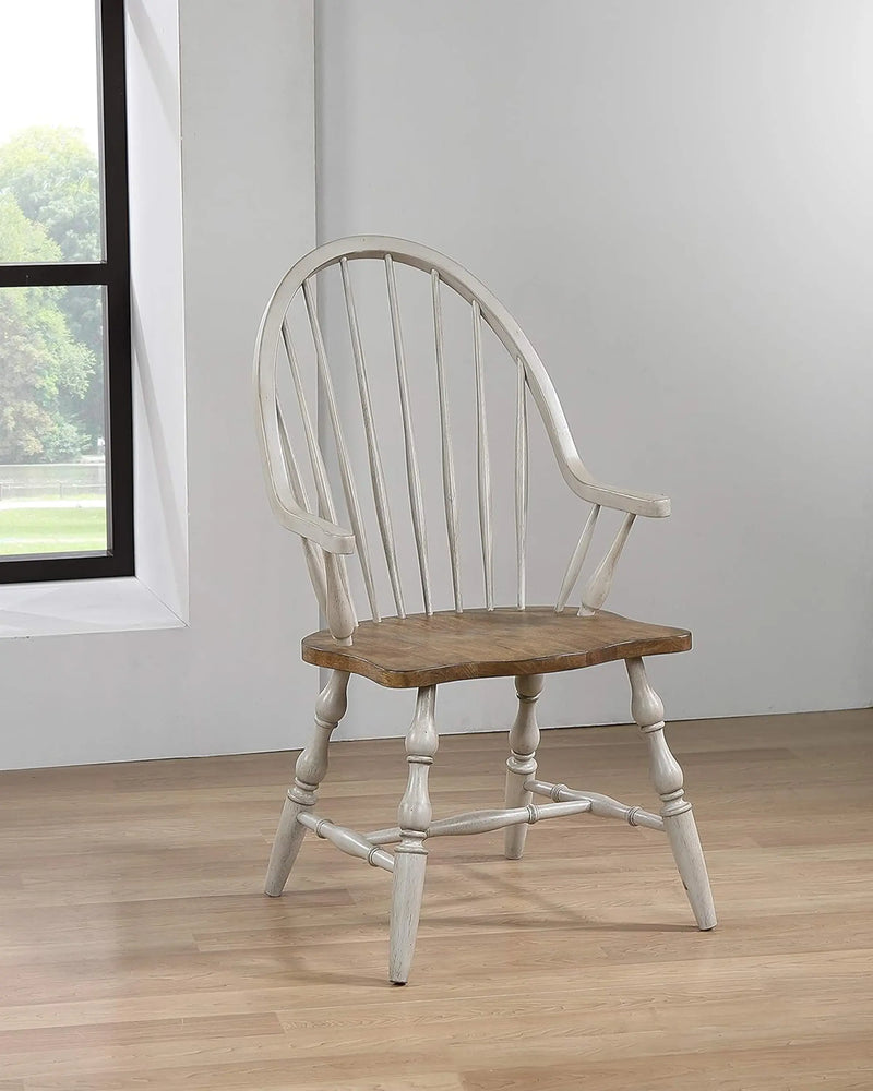 Sunset Trading Country Grove Windsor Spindleback Dining Chair with Arms | Fully Assembled Kitchen Armchair| Modern Farmhouse Minimalist Country Cottage | Distressed Gray and Brown Wood Sunset Trading
