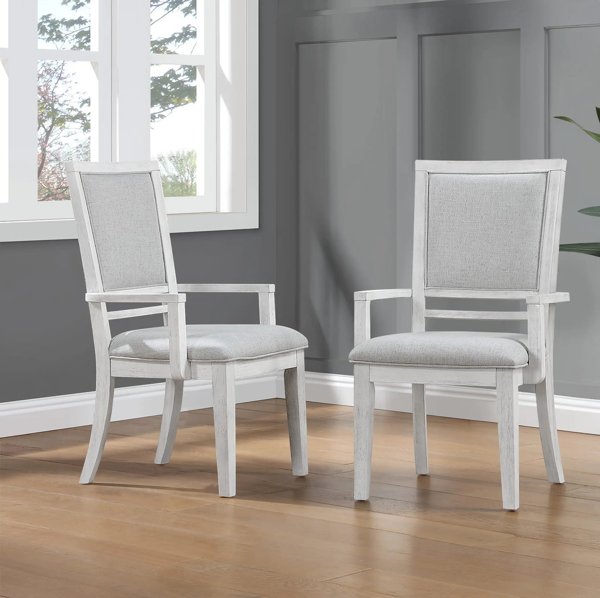 Sunset Trading Dover Dining Chair with Arms | Padded Upholstered Seat & Back Armchair | Set of 2 | Cerused White Oak Wood Sunset Trading