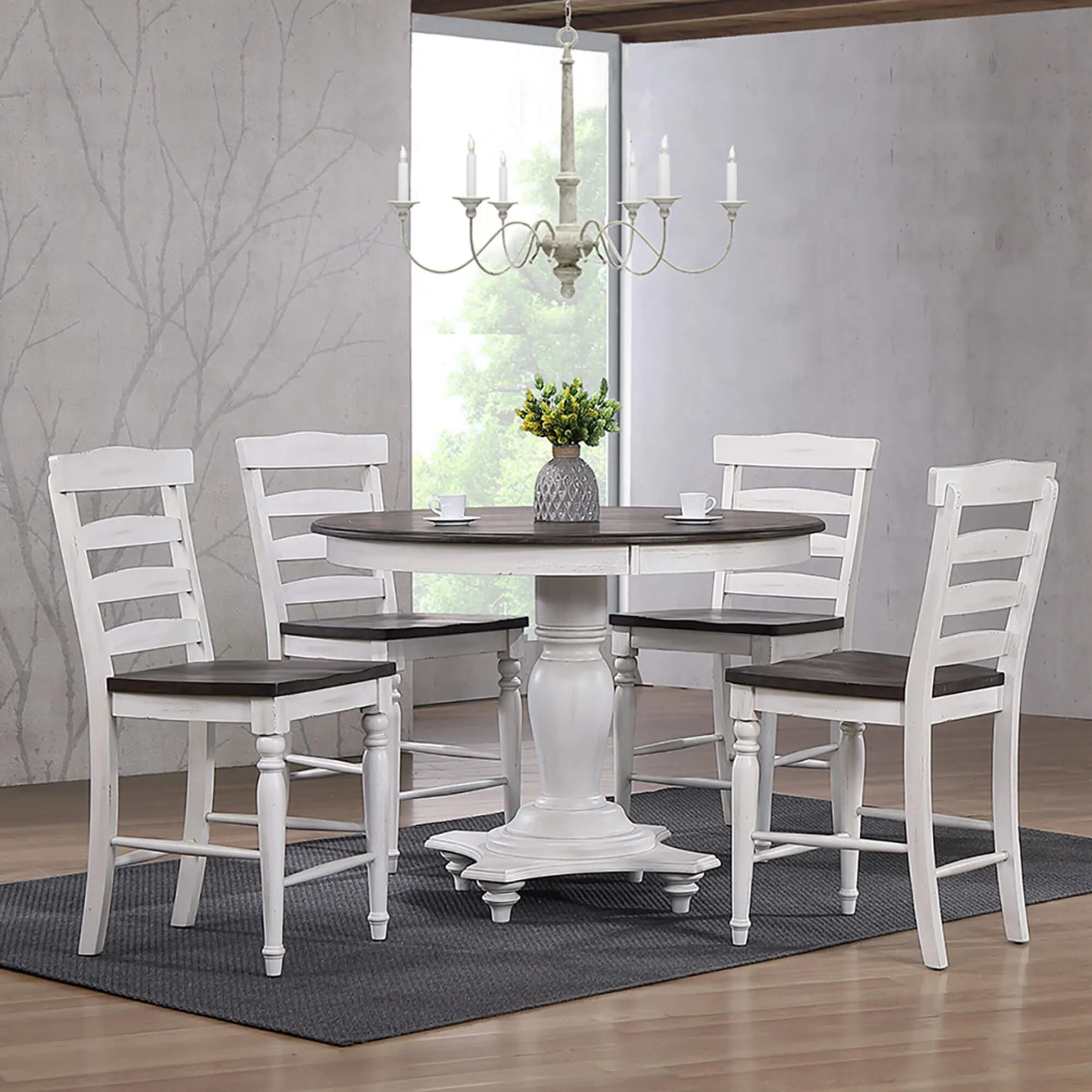 Sunset Trading French Chic Ladder Back Barstools | Set of 2 Highback Kitchen Island Stools | Two-Tone Antique White & Walnut Brown Solid Wood | Dining and Game Room Seating Sunset Trading