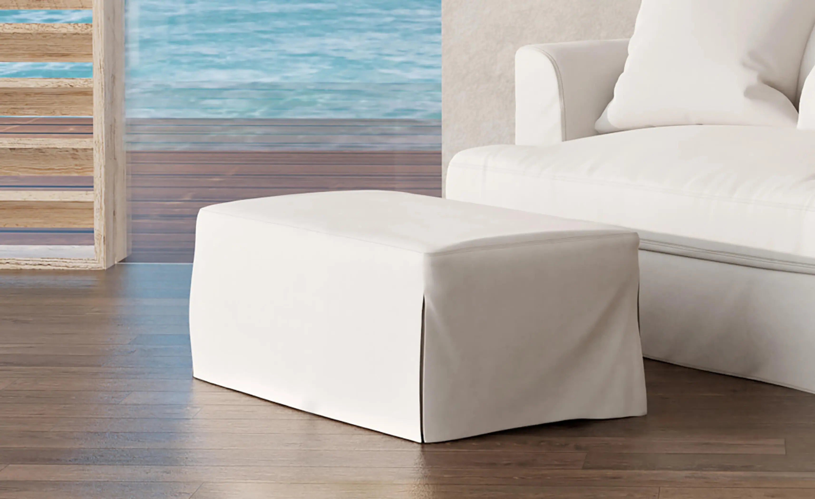 Sunset Trading Newport Slipcovered 44" Wide Ottoman | Performance Fabric Washable Water-Resistant Stain-Proof | White Sunset Trading