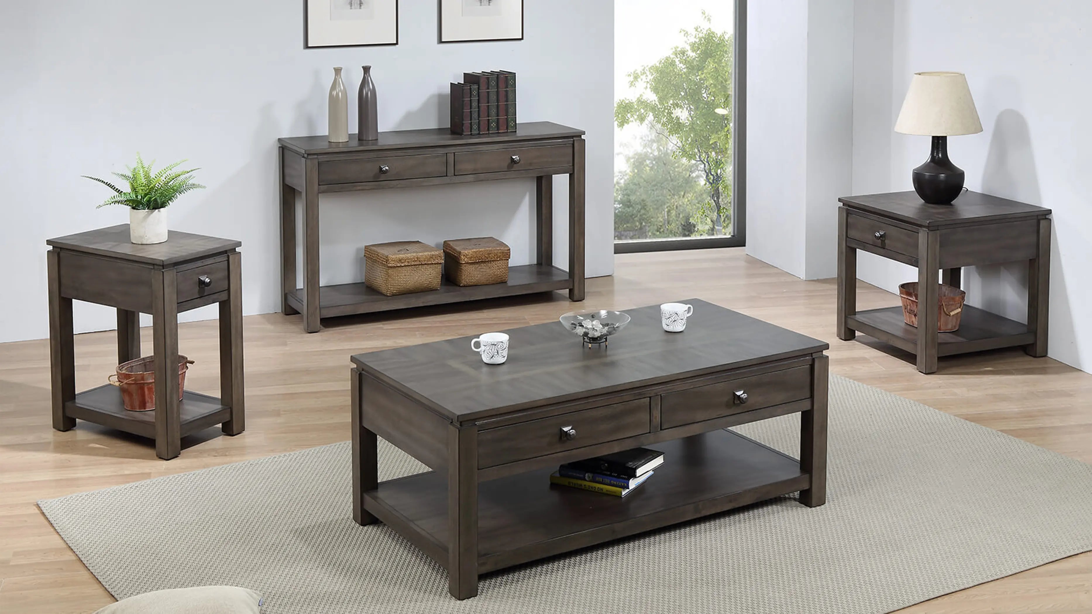 Sunset Trading Shades of Gray Sofa Console with Drawers and Shelf Sunset Trading
