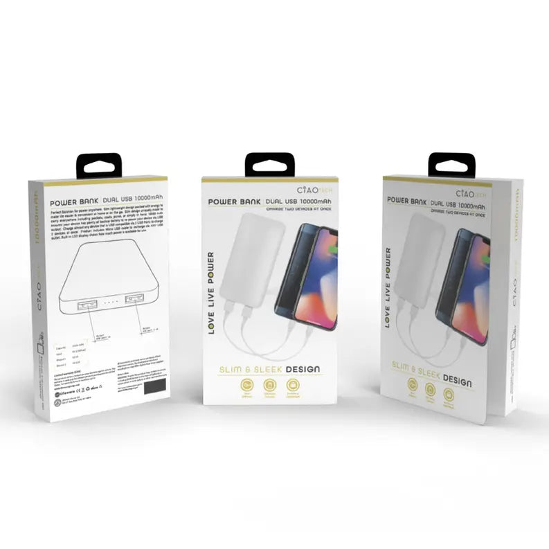Super Slim High Performance Dual USB 10,000 mAh Solid Powerbank- Black CIAO Tech