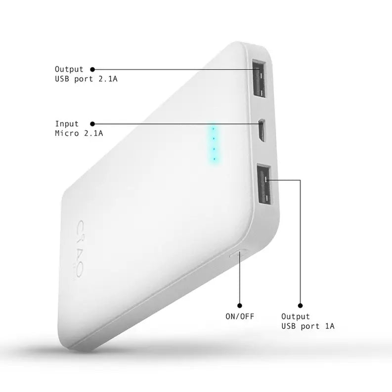 Super Slim High Performance Dual USB 10,000 mAh Solid Powerbank- White CIAO Tech