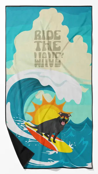 Surfer Dog Black White Pit Bull Terrier Premium Beach Towel Caroline's Treasures