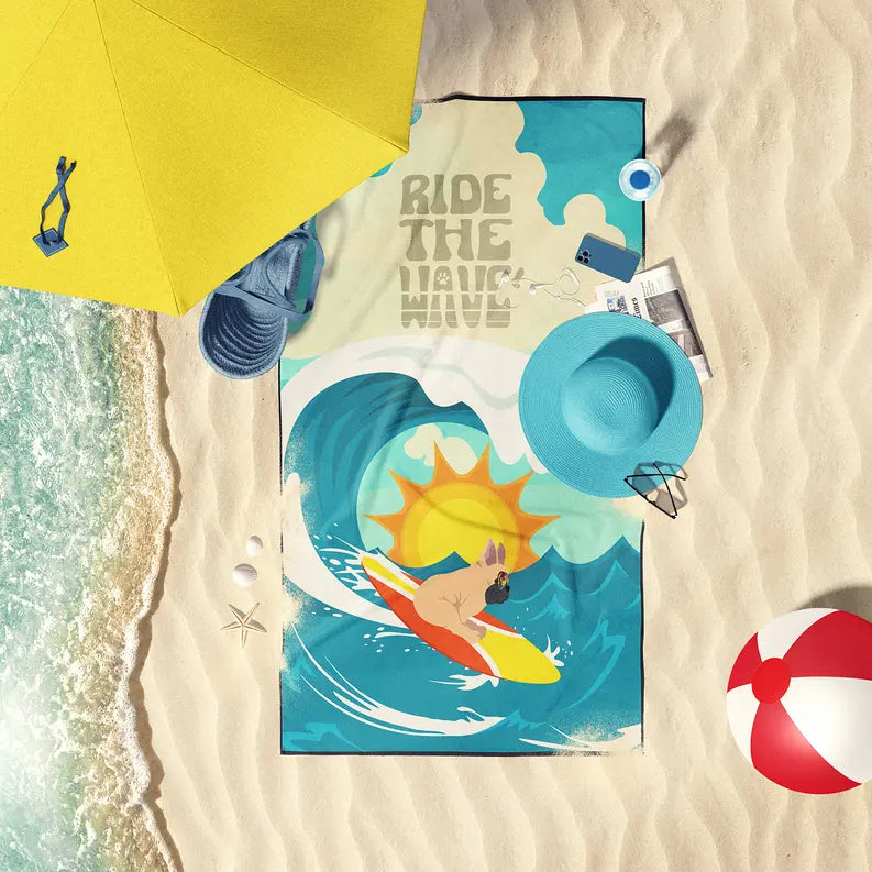 Surfer Dog Cream Golden Retriever Premium Beach Towel Caroline's Treasures