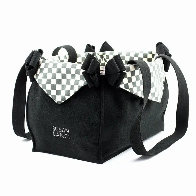 Susan Lanci Designs Black Double Nouveau Bow Luxury Carrier with Windsor Check Flaps Susan Lanci Designs