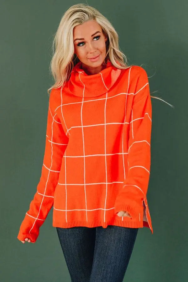 Sweet Talk Grid Turtleneck Sweater Stay Warm in Style