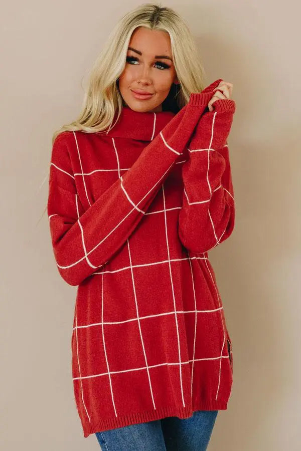 Sweet Talk Grid Turtleneck Sweater Stay Warm in Style