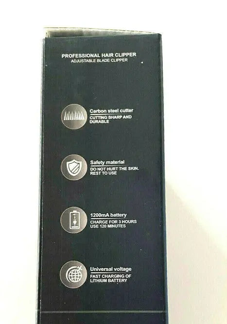 Black professional hair clipper with carbon steel blade, adjustable settings, 1200mA battery, and fast charging feature.