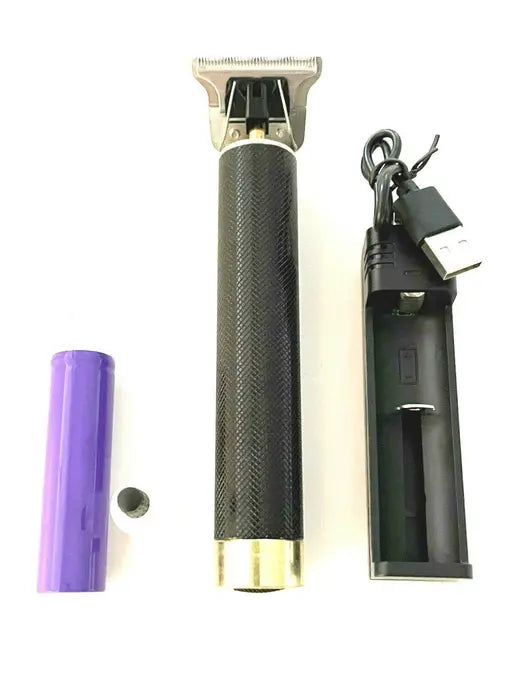 Black and silver professional hair clipper with USB charger and purple battery, ideal for precise grooming.