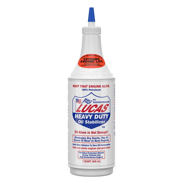 Lucas Oil Heavy Duty Oil Stabilizer bottle, white plastic with blue cap, 1 qt label