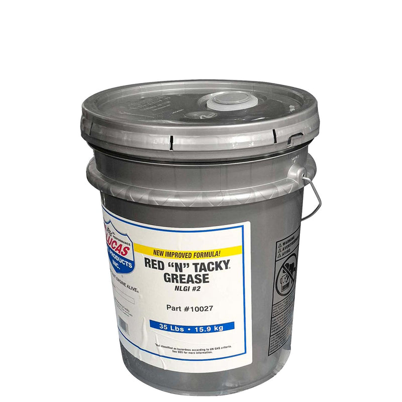 Gray 35 lb pail of Lucas Oil Red N Tacky Grease, round lid and front label