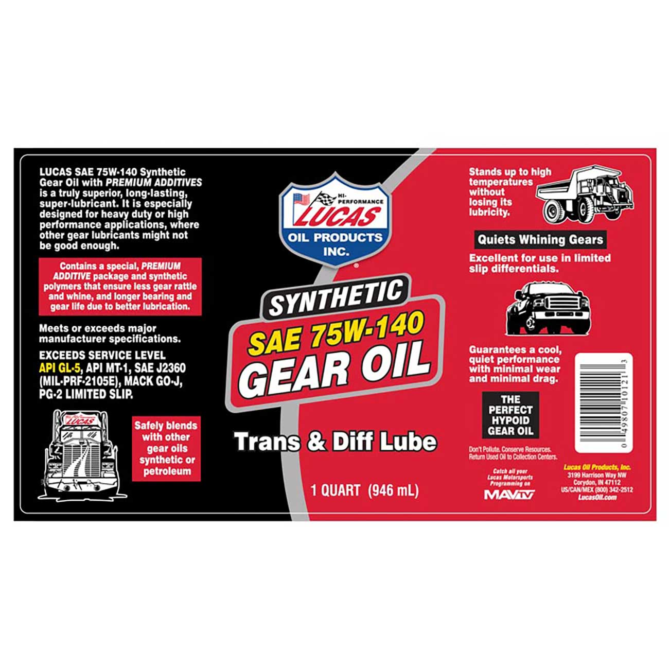 Lucas Oil Synthetic Sae 75w-140 Transmission/differential Lube - 1 Quart - Auto Supplies