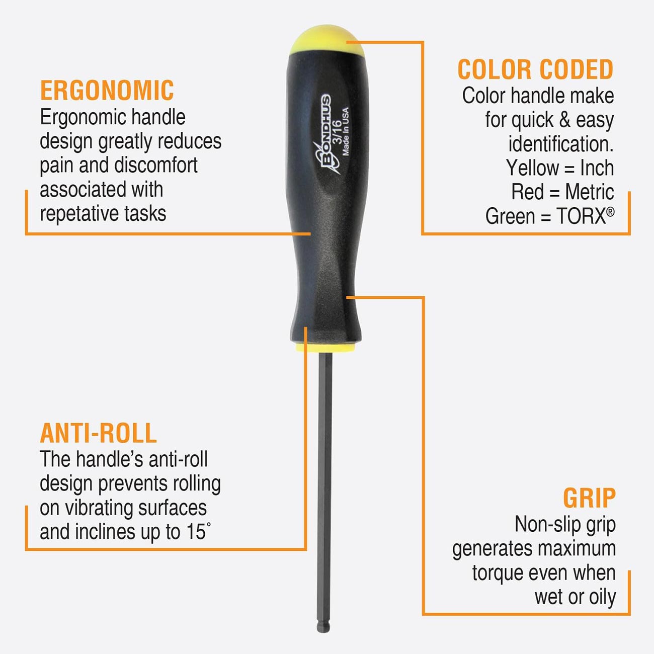 Bondhus Balldriver Sae Hex Ball End Screwdrivers .050" To 3/8" (13 Piece) - Hand Tools