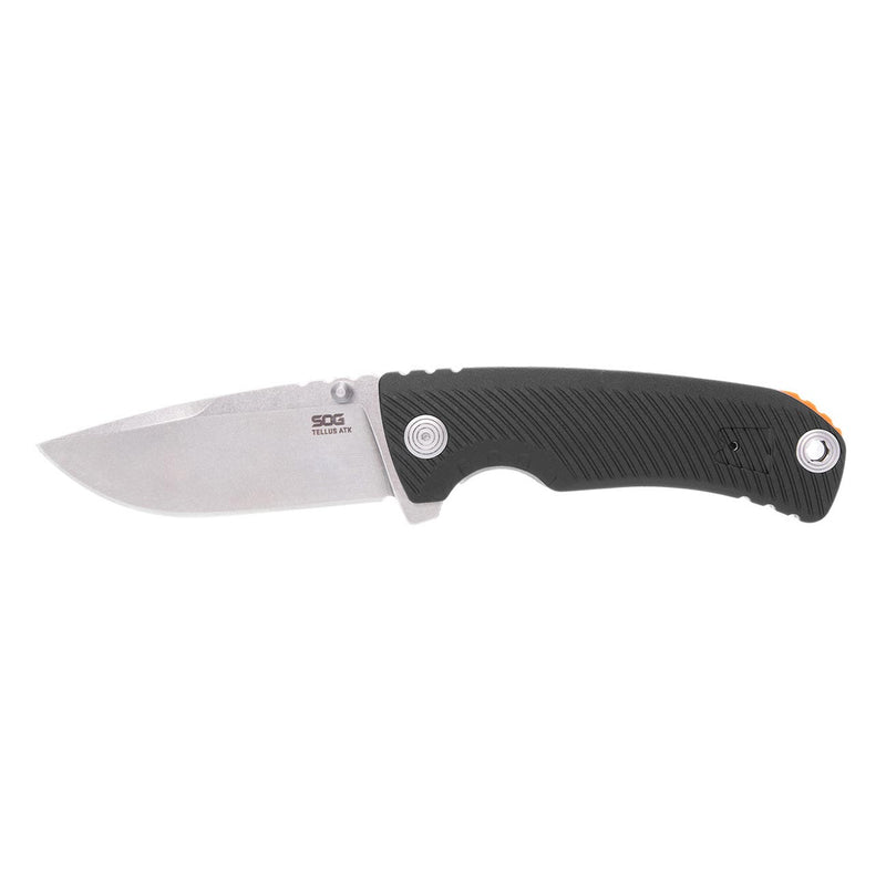 Folding pocket knife with black handle, stainless blade, visible pivot and logo