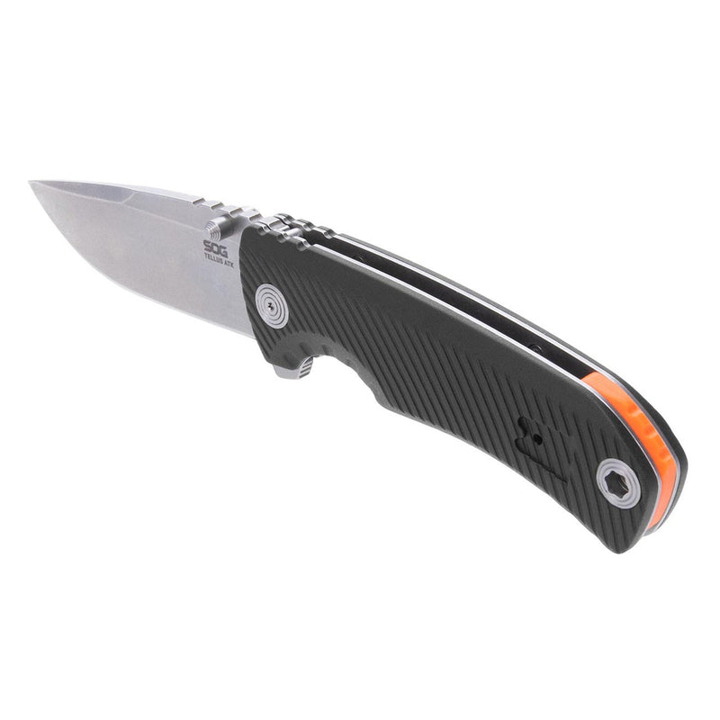 Black folding pocket knife with stainless blade, orange trim along handle edge