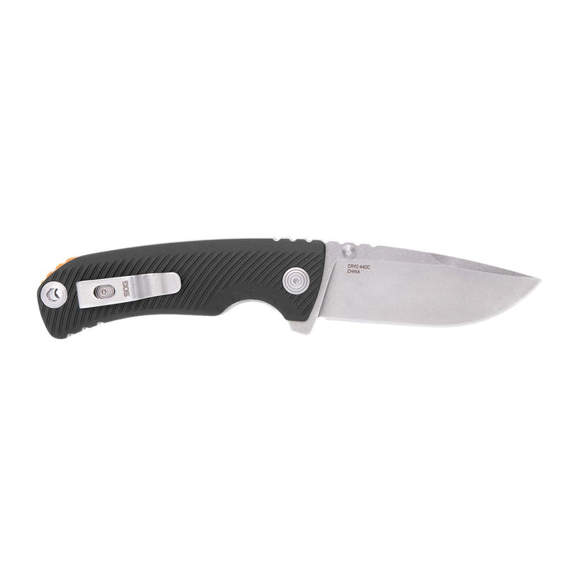 Black folding pocket knife with stainless blade and blaze-orange edge accent