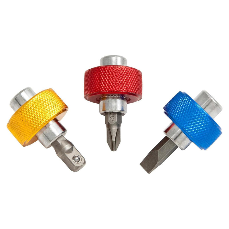 Three 1/4 in bit drivers with red, yellow, and blue finger grips and bit tips