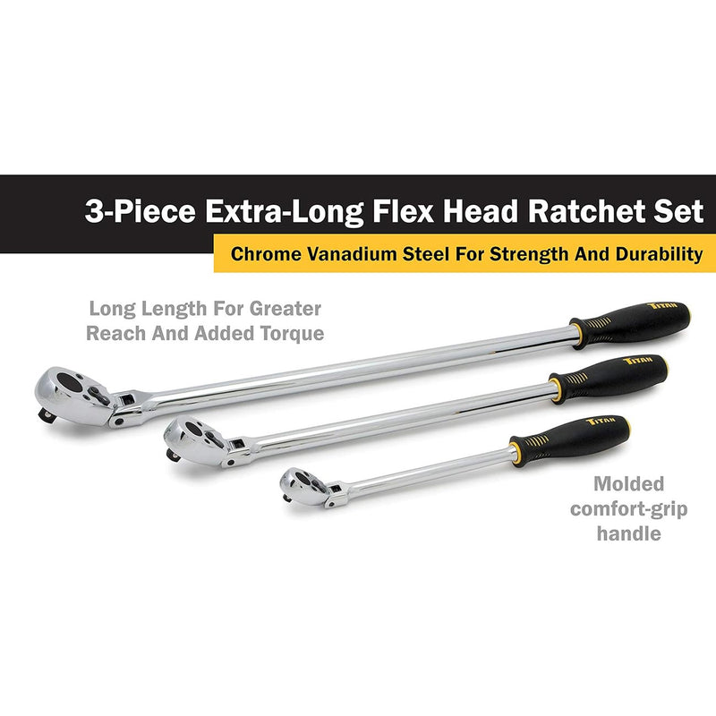 3-piece extra-long flex-head ratchet set with molded black handles and chrome finish