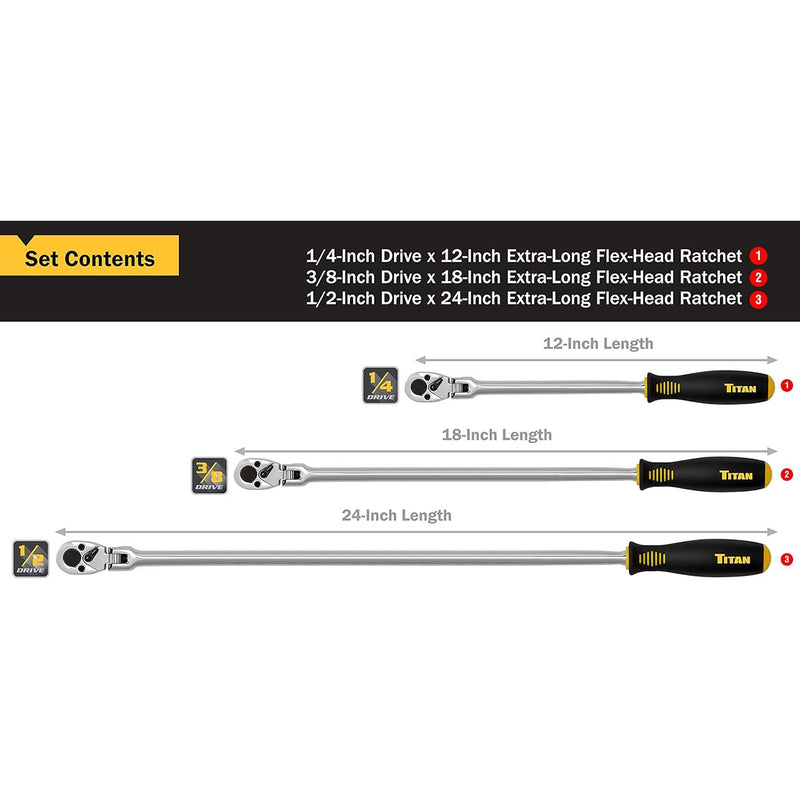 Three extra-long flex-head ratchets with different lengths, chrome heads and black handles