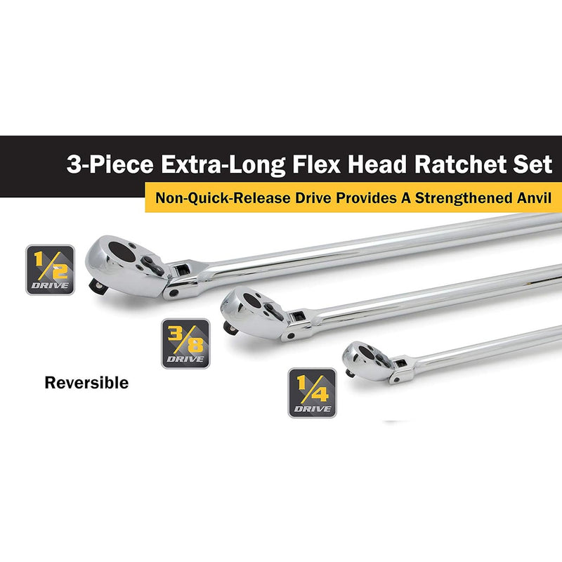 Reversible extra-long flex-head ratchets with chrome heads and black comfort-grip handles