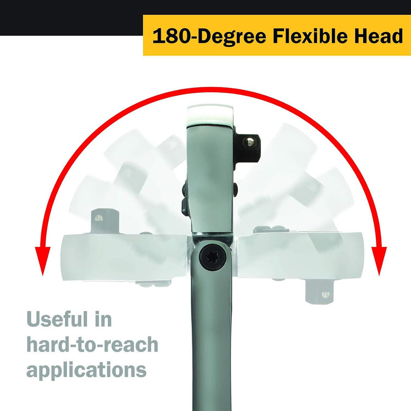 180-degree flexible ratchet head diagram with arrows for hard-to-reach work
