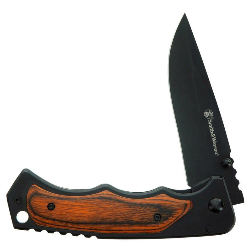 Smith & Wesson folding pocket knife with open black blade and wood-overlay handle