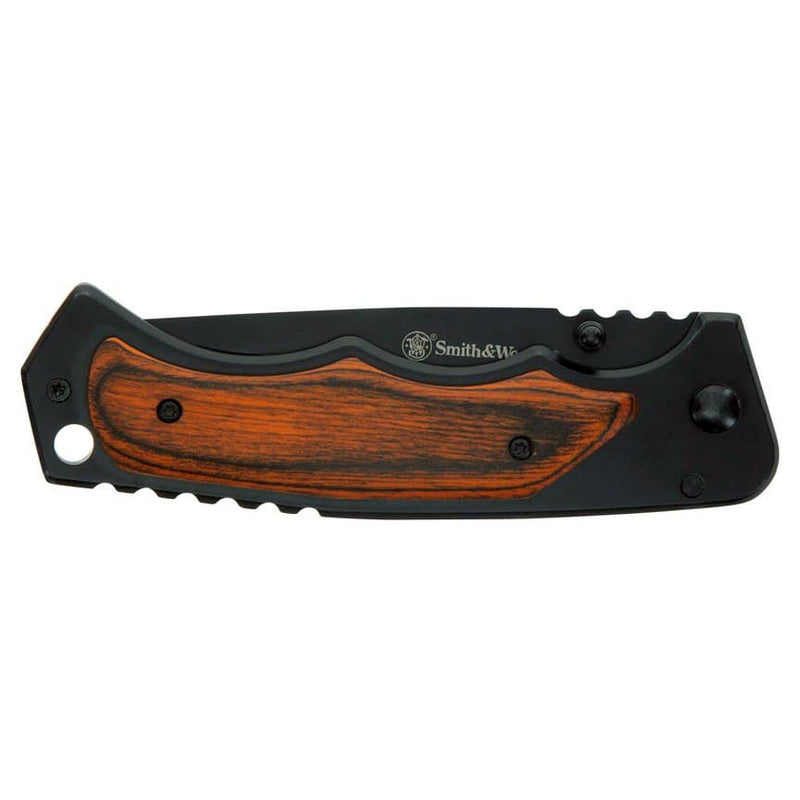 Smith & Wesson folding pocket knife, open blade and wood-overlay handle with black scales