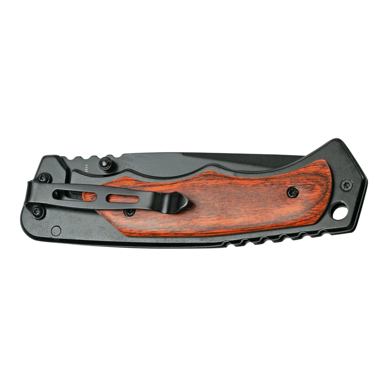 Smith & Wesson folding pocket knife, partially opened view of wood-overlay scale and blade