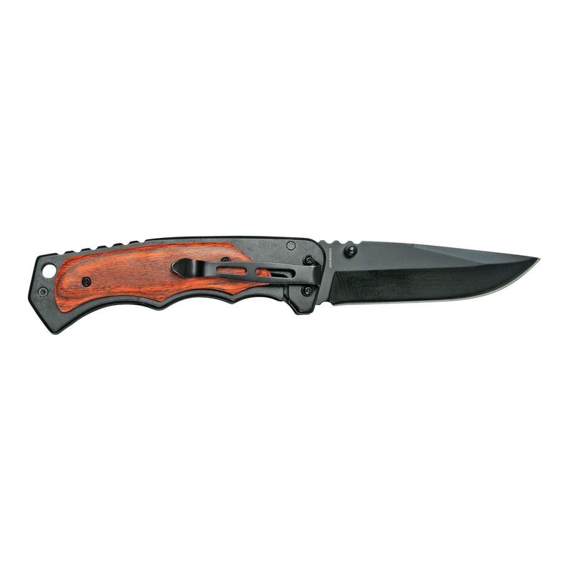 Smith & Wesson folding pocket knife, open blade with wood-overlay handle and lanyard hole