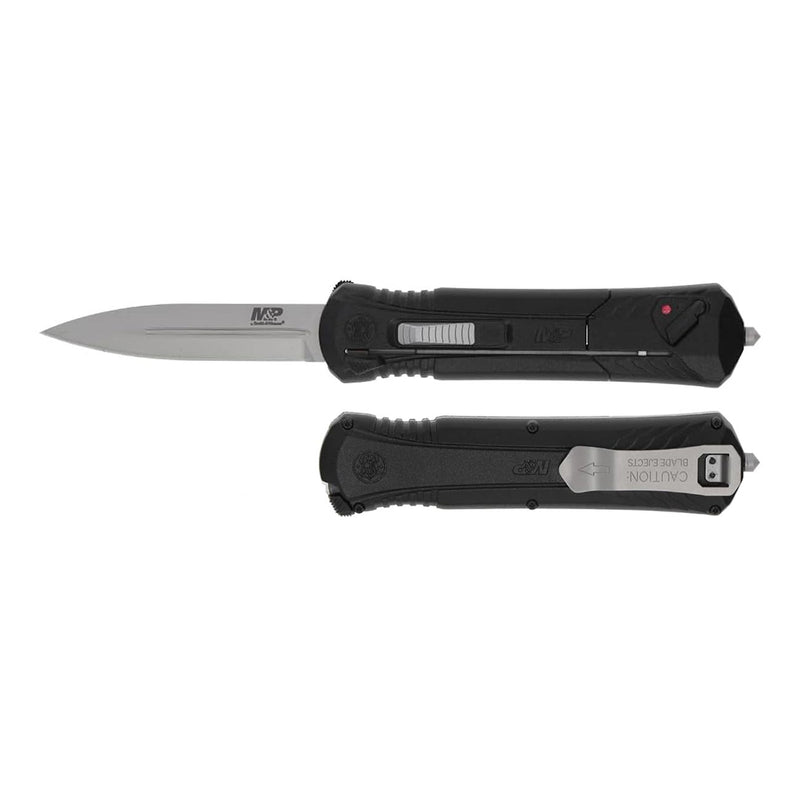 OTF pocket knife with black handle, blade deployed, and metal pocket clip