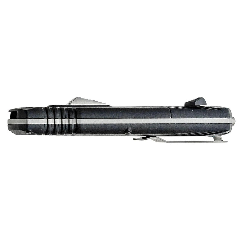 OTF pocket knife side view with black handle and slide-style mechanism
