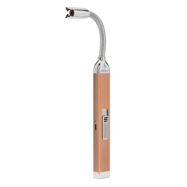 Rose gold rechargeable flexible-neck candle lighter with silver metal top