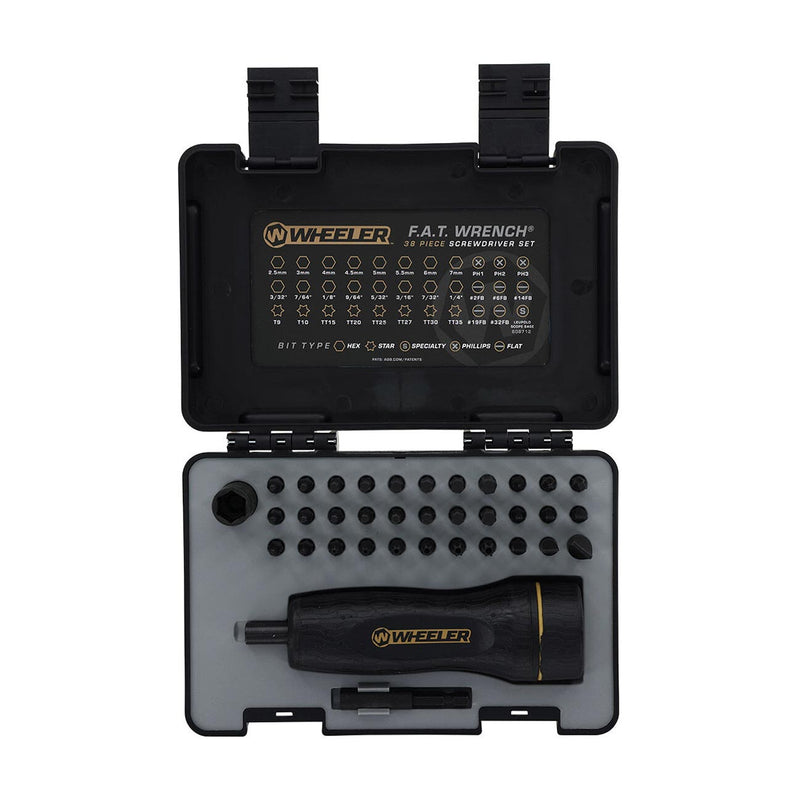 Black tool case open, showing bit tray and torque screwdriver with Wheeler label