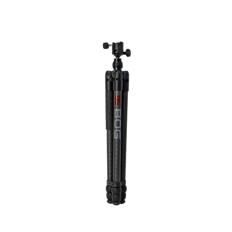 Carbon fiber tripod with segmented legs, compact folded height, black head and knob
